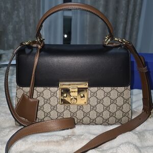 Gucci Brown & Black Top-Handle GG Monogram Shoulder Bag